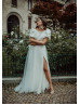 Short Sleeves Ivory Satin Tulle Slit Wedding Dress Short Sleeves Ivory Satin Tulle Slit Wedding Dress